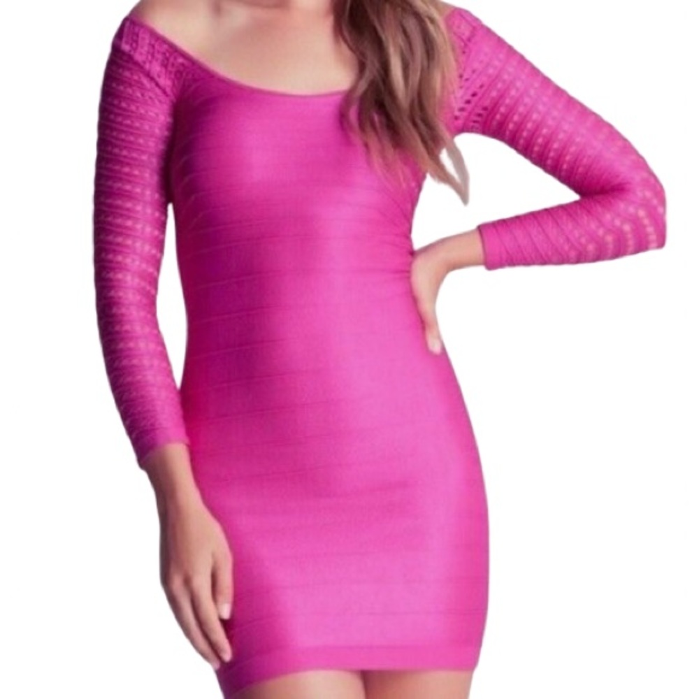 Bebe Ellie Off The Should Perforated Bandage Bodycon Dress in Fucsia Pink Smalll
